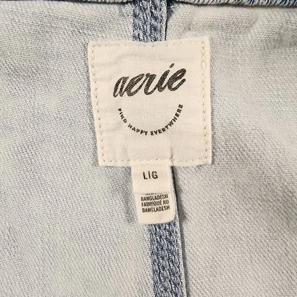 Aerie Women Large Light Wash Denim Shortalls Distressed Raw Hem Overalls L